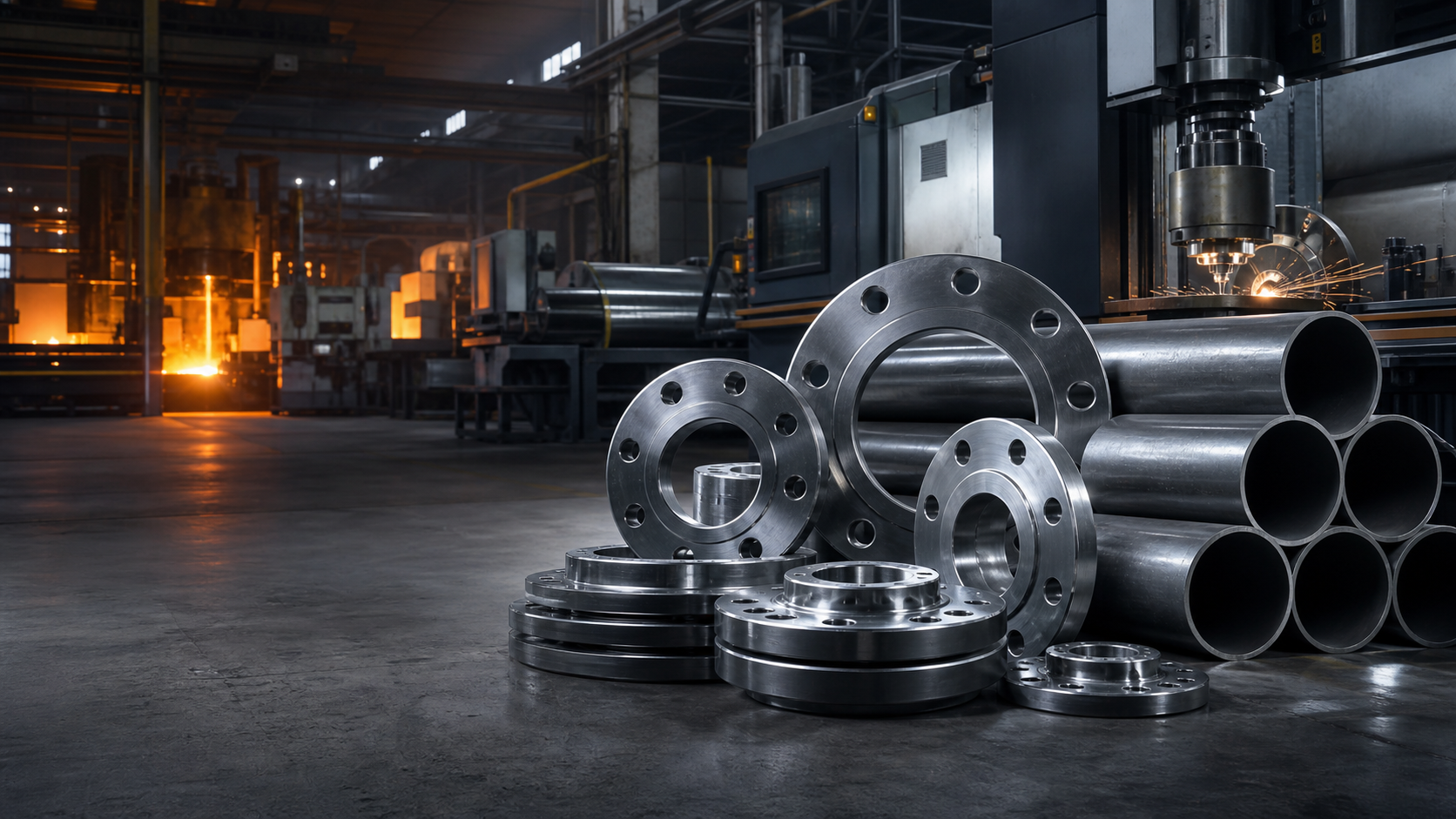 MS pipes and flanges in a modern steel factory